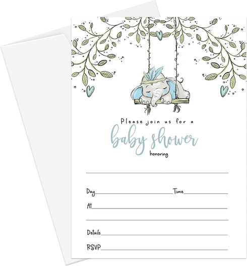 Elephant Baby Shower Invitations Boys - Pack of 25 Invites with Envelopes Rustic, Greenery Jungle Animal Party Theme Handwrite Details Blank Set DIY