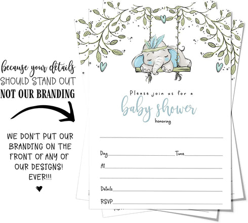 Elephant Baby Shower Invitations Boys - Pack of 25 Invites with Envelopes Rustic, Greenery Jungle Animal Party Theme Handwrite Details Blank Set DIY