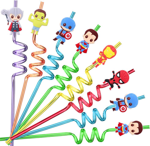24 Superhero Straws with 2 Cleaning Brush 6 Designs Great for Birthday as Avengers Themed Party Favors and Party Supplies