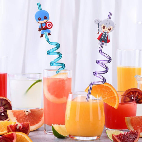 24 Superhero Straws with 2 Cleaning Brush 6 Designs Great for Birthday as Avengers Themed Party Favors and Party Supplies