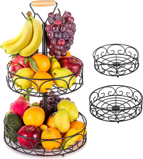 2-Tier Fruit Basket Bowl with Banana Hanger for Kitchen, Detachable Vegetables Countertop Storage for Kitchen Organizer, Large Capacity Home Decor Fruit Stand Holder Tray for Bread, Snacks, Black