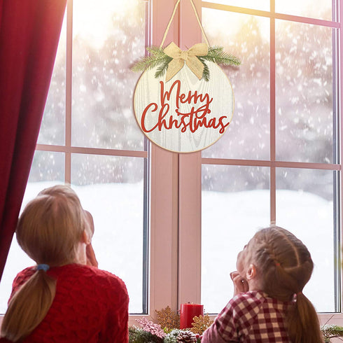 Jetec Merry Christmas Decorations Wreath Christmas Hanging Sign Rustic Burlap Wooden Holiday Decor for Christmas Home Window Wall Farmhouse Indoor Outdoor Decorations (White)