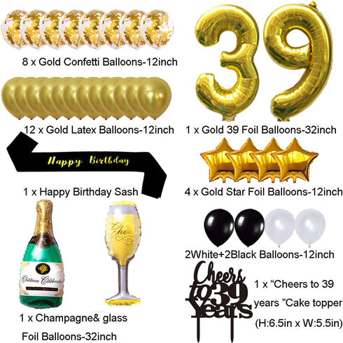 Gold 39th Birthday Decorations Kit, Cheers To 39 Years Banner Balloons 39th Cake Topper Birthday Sash Gold Tinsel Foil Fringe Curtains for 39 Birthday&Anniversary Decorations