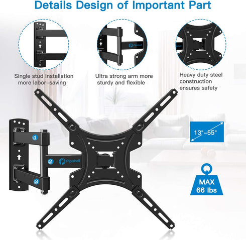 Full Motion TV Wall Mount Bracket Articulating Arms Swivels Tilts Extension Rotation for Most 13-55 Inch LED LCD Flat Curved Screen TVs, Max VESA 400x400mm up to 66lbs by Pipishell