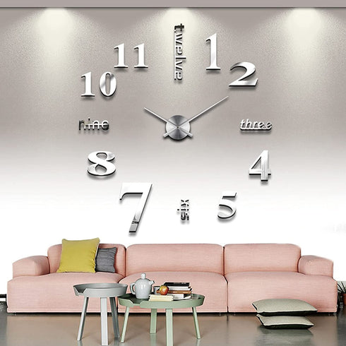 VinJoyce 3D DIY Large Wall Clocks for Living Room Decor, Wall Stickers Clocks for Living Room Decor, Silent, Modern Wall Clock for Kitchen, Office, School, Home, Bedroom, Living Room (Silver)