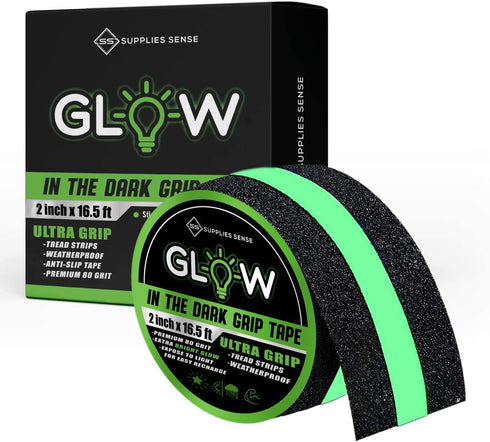 Anti-Slip Grip Tape Strips 2"x16.5ft, Non-Slip Traction Tape, Weatherproof Safety Adhesive Grip Treads with Glow in the Dark Strip, In/Outdoor Abrasive Tape for Stairs, Non-Skid Steps - Supplies Sense