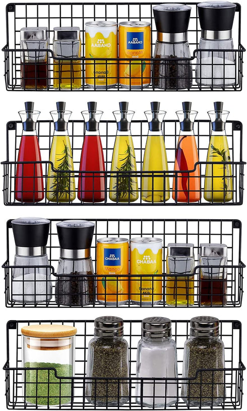 Spice Racks for Wall Mount, Easy to Install Set of 4 Spice Organizer,Hanging Black Spice Organizer Shelf, Farmhouse Seasoning Organizer, Space-Saving Spice Shelves Holder for Kitchen Wall