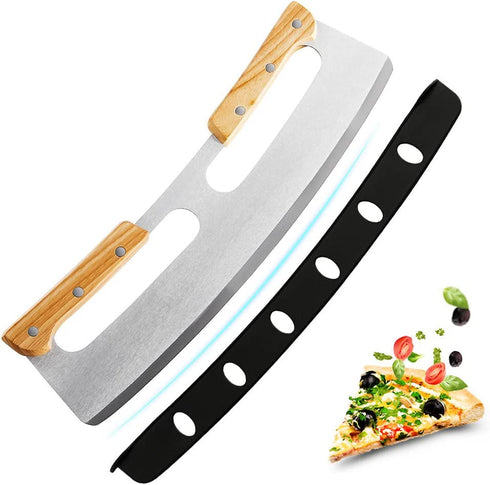 Pizza Cutter Rocker with Wooden Handles & Protective Cover, 14" Sharp Stainless Steel Pizza Slicer Wheel , Upgrade Accessories Chopper for Kitchen Tool Pizza Knife Cutters