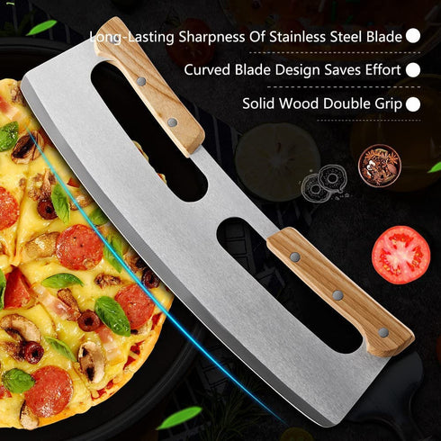 Pizza Cutter Rocker with Wooden Handles & Protective Cover, 14" Sharp Stainless Steel Pizza Slicer Wheel , Upgrade Accessories Chopper for Kitchen Tool Pizza Knife Cutters