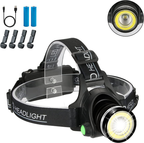 Headlamp, 2 in 1 Newest T6 Spot Zoomable+COB Board Flood Hardhat Light, 6000 Lumen Waterproof USB Rechargeable Hard Hat Head Lamp, Up-Close Work HeadLight with 4 Clips for Outdoor Camping Hunting