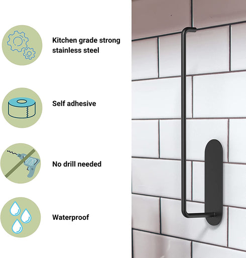 Mavis Miki Self Adhesive Paper Towel Holder - Hanging Under Cabinet, Wall Mount, Vertical or Horizontal - Paper Towel Rack for Kitchen, Bathroom, Rv - Brushed 304 Stainless Steel (Black)