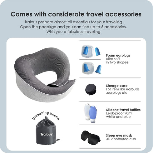 Tralous FullyWrap Travel Pillow, 100% Pure Memory Foam Neck Pillows for Sleeping, Neck Support Pillow Fully Wraps Beneath The Chin, Plentiful Travel Accessories, Lightweight and Small