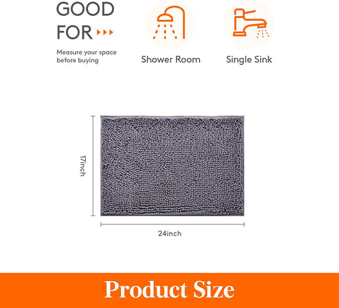Lifewit Extra Soft Bathroom Rug Mat, Absorbent Shaggy Chenille Bath Rug, Non Slip Plush Rugs for Bathroom,Tub and Shower, Grey, 24 ×17 inch