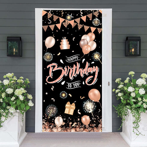 Rose Gold Happy Birthday Door Banner,Birthday Door Cover Decoration Supplies Happy Birthday Backdrop Photography Black Background Sign For Women And Girls Birthday Party Home Outdoor Decor