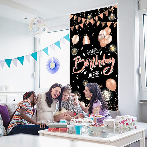 Rose Gold Happy Birthday Door Banner,Birthday Door Cover Decoration Supplies Happy Birthday Backdrop Photography Black Background Sign For Women And Girls Birthday Party Home Outdoor Decor