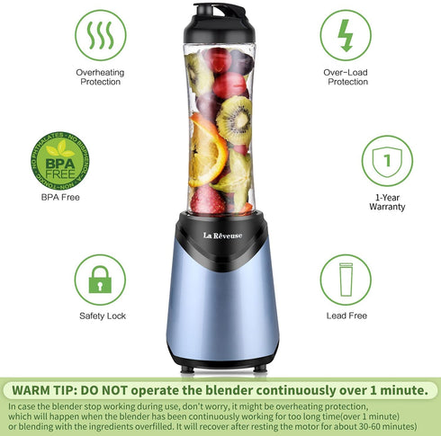 La Reveuse Smoothies Blender Personal Size 300 Watts with 18 oz BPA Free Portable Travel Sports Bottle (Light Blue)