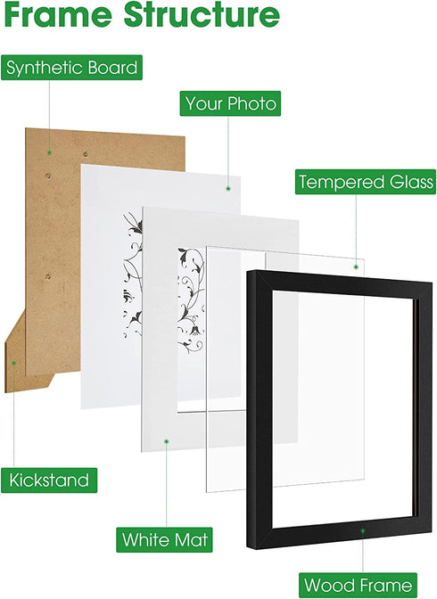 Puroma 8x10 Inches Picture Frame Set of 6, 5x7'' or 4x6'' with Mat Tempered Glass Composite Wood Photo Frames for Wall Mounting or Tabletop for Home Wall and Office Desktop (Black & White & Gray)