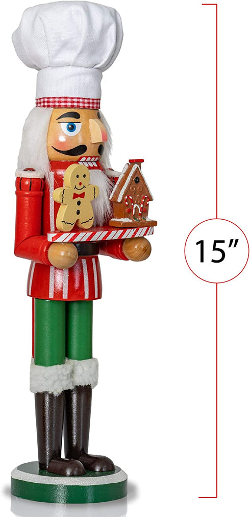 Ornativity Christmas Chef Nutcracker Figure Wooden Chef Hat Nutcracker with Gingerbread Man and House Holiday Decoration
