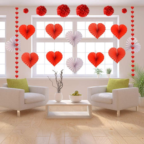 20pcs Valentines Day Decorations Set, Valentines Red Heart Paper Fans, Red Hearts Shaped Felt Garland Banner, Red Paper Pompoms Valentines Accessories for Valentines Anniversary Wedding Mother Day