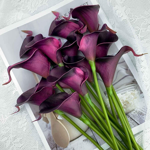 ZGPEPEXIA 15 Pcs Real Touch Calla Lily Artificial Flowers Wedding Bridal Bouquet Home Décor Party (Dark Plum Purple)