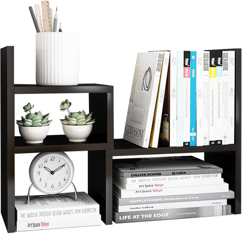 Jerry & Maggie - Desktop Organizer Office Storage Rack Adjustable Wood Display Shelf | Birthday Gifts - Toy - Home Decor | - Free Style Rotation Display - True Natural Stand Shelf Black
