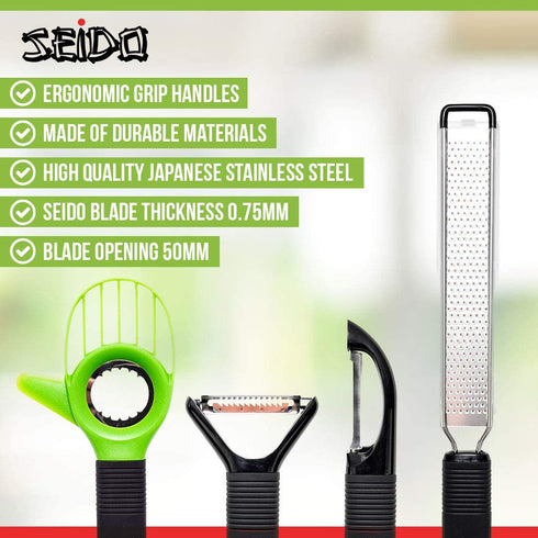 SEIDO Peelers Set Julienne Vegetable With Avocado Slicer, Lemon And Cheese Grater, and 2 Peeling Tools, Kitchen Accessories for Garnishes and Toppings, Stainless Steel