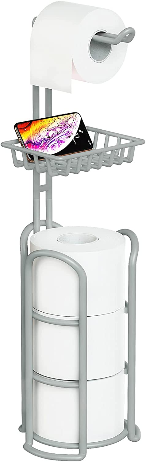 Upgrade Toilet Paper Holder Stand, Silver Gray Freestanding Toilet Paper Roll Holders with Shelf, Bathroom Tissue Storage Rack
