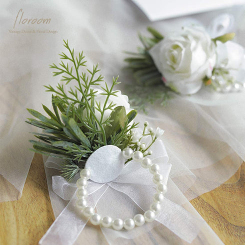 Floroom Set of 6 Ivory Rose Wrist Corsage Wristlet Band Bracelet for Women Bride Bridesmaid White Wedding Prom