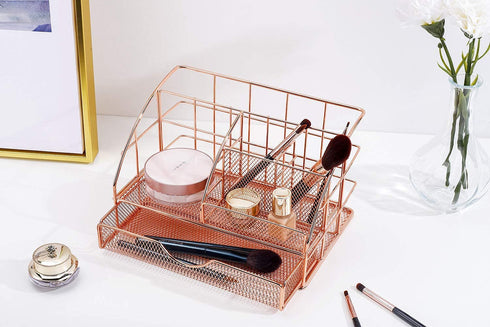 Upgraded Desk Organizer for Women, Cute Mesh Office Supplies Accessories Essentials Caddy with Drawer for Home & Office Desktop Organization & Decor, Rose Gold