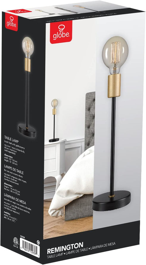 Globe Electric 12939 Remington 15" Table Lamp, Black Finish, Exposed Gold Socket, in-Line On/Off Rocker Switch
