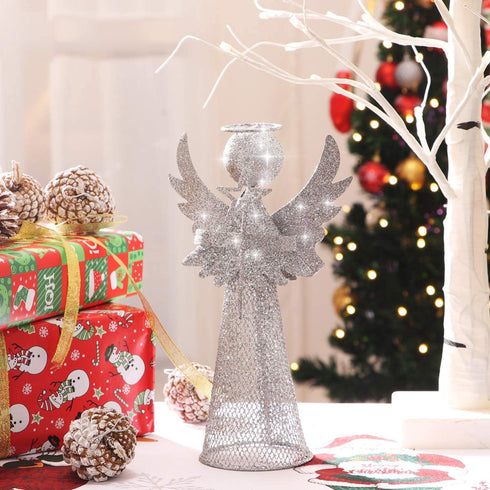 Amosfun Christmas Tree Topper Angel Treetop Silver Angle Tree Topper Christmas Decoration Treetop Figure Christmas Decor Treetop Ornament