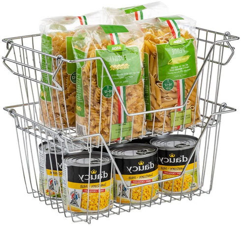 SANNO Stacking Basket Bin Pantry Freezer Storage Baskets Cabinet Organizer - Large Steel Metal Wire - Fruit, Vegetable, Onion, Potato, Cans - Kitchen 2 pack