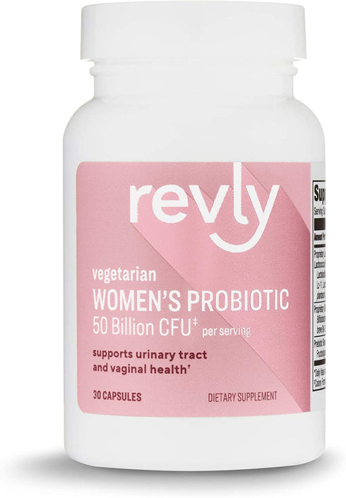 B07D139MTB– Amazon Brand - Revly One Daily Women's Probiotic, Support Urinary Tract and Vaginal Health, 50 Billion CFU (7 strains), Lactobaccilus and Bifidobacteria blend, 30 Capsules.