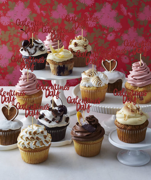 Galentines Day Cupcake Toppers Decorations, Red Glitter Happy Galentines Day Cupcake Toppers for Galentine's Day Decoration, Friends Galentines Party Decor, Valentines Day Party Decorations -24PCS