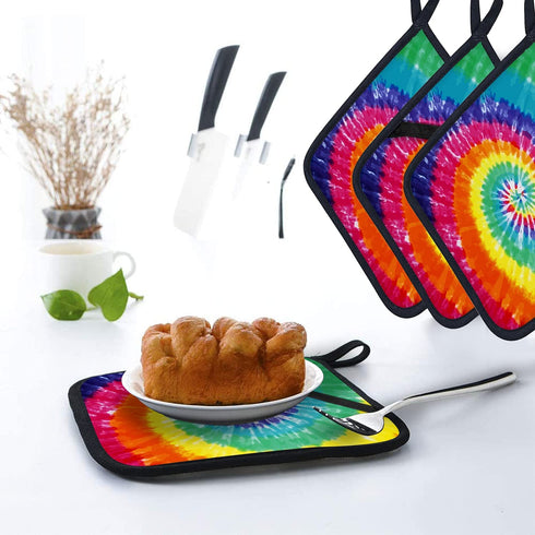 Jcpuazeo 4 Pack 8 x Inches Pot Holders, Colorful Spiral Psychedelic Tie Dye Swirl Pattern , Kitchen Heat Resistant Holders Sets Oven Hot Pads Terry Cloth for Cooking Baking, Rainbow