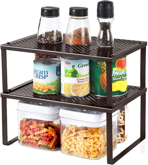 SONGMICS Cabinet Shelf Organizers, Stackable, Expandable, Set of 2 Metal Kitchen Counter Shelves, Brown UKCS01BR