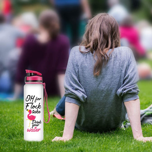 LEADO 32oz 1Liter Motivational Water Bottle with Time Marker - for Flock Sake Drink Your Water - Funny Mothers Day, Flamingo Birthday Gifts for Women, Friends, Mom, Daughters, Sister, Wife, Coworkers
