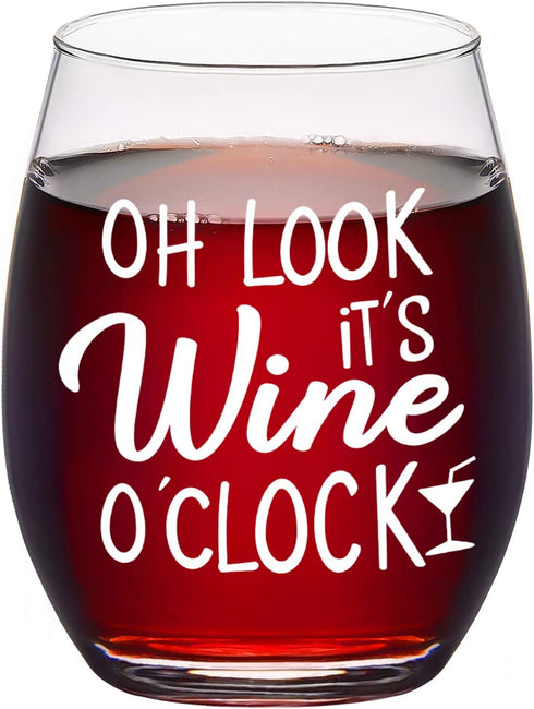 Oh Look It's Wine O™clock Stemless Wine Glass, Wine Gifts for Women Men Friends Her Him Coworkers Wine Lovers Congratulation Birthday Christmas, 15Oz Wine Glass with Funny Words