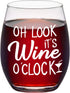 Oh Look It's Wine O™clock Stemless Wine Glass, Wine Gifts for Women Men Friends Her Him Coworkers Wine Lovers Congratulation Birthday Christmas, 15Oz Wine Glass with Funny Words