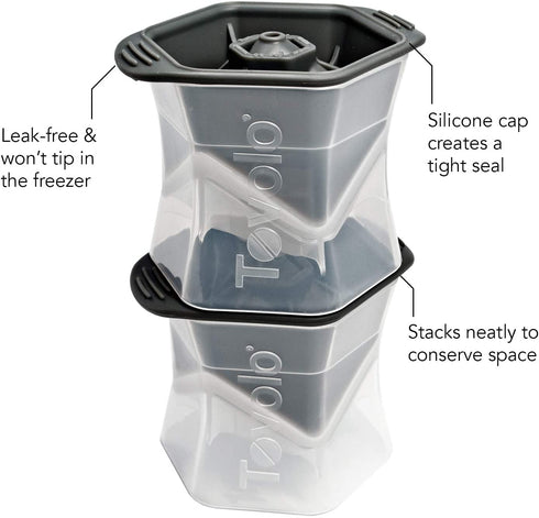 Tovolo Leak-Free, Slow-Melting Colossal 2.25-Inch Cube Ice Silicone Sealed Lid Anti-Tip, Set of 2 Stackable Molds for Whiskey, Spirits, Liquor, Cocktails, Soda & More, Black