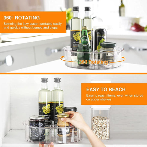 Lazy Susan Turntable Organizer, 12''&9'' 2 Pack Round Plastic Clear Storage Container with Removable Dividers for Kitchen, Cabinet, Pantry, Fridge- Spinning Organizer for Spices, Condiments