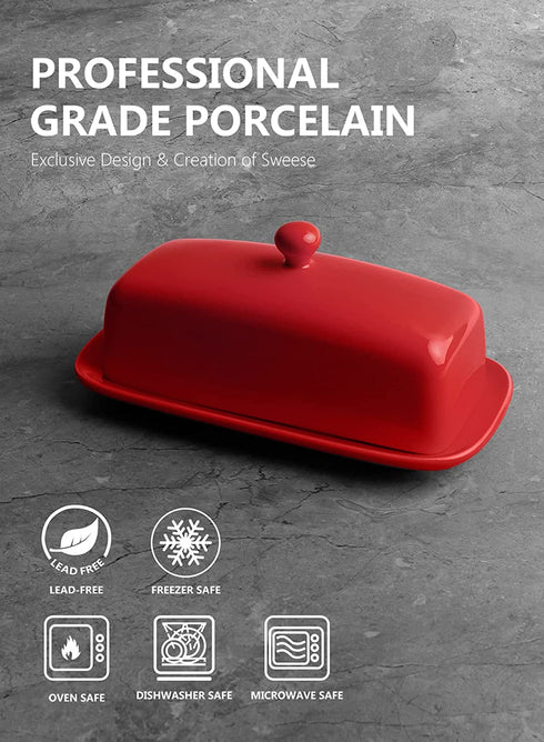 Sweese 307.104 Porcelain Butter Dish with Lid, Perfect for East West Coast Butter, Red