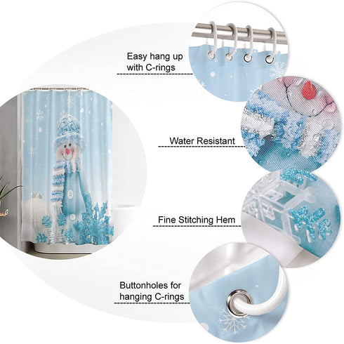 Libaoge Christmas Shower Curtain Bathroom Decor Christmas Cute Snowman Winter Snoflake Blue Shower Curtains Waterproof Polyester Fabrics Bath Curtain Bath Curtain with Hooks 72x72in