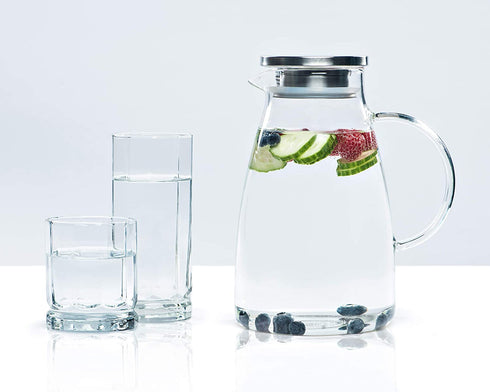 SHERFIRE 70 oz Borosilicate Glass Pitcher with Stainless Steel Filter Lid, for Hot and Cold Liquids