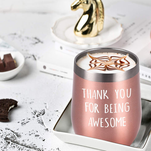 Thank You for Being Awesome Wine Tumbler, Birthday Christmas New Job Promotion Friendship Gift for Women Friend Coworkers Sisters, 12 Oz Stainless Steel Wine Tumbler with Sayings for Women, Rose Gold