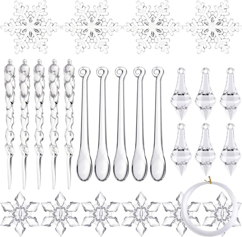 FEPITO 57 PCS Acrylic Christmas Decoration Acrylic Snowflake Icicles Christmas Icicle Snowflake with Crystal Line Ornaments Set for Christmas Tree Decorations