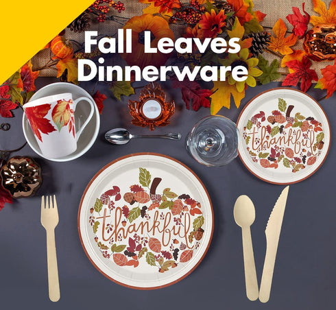 HAIL Thanksgiving Paper Plates Set, Thanksgiving Disposable Dinnerware Set for 10 Guests includes 10 9In Dinner Plates10 7In Dessert Plates and 10 Set Wooden Cutlery -Happy Harvest and Give Thanks