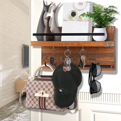 OurWarm Key Holder and Mail Organizer Wall Mounted with Key Hooks, Key Hanger Rack Rustic Home Decor for Entryway Mudroom Bathroom Kitchen, Brown