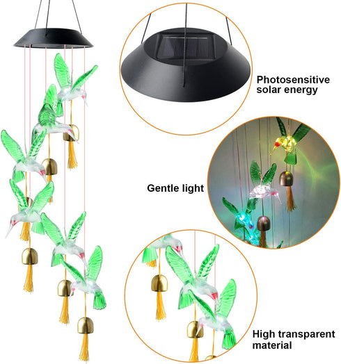JOBOSI Hummingbird Wind Chimes,Gifts for mom, Gifts for Grandma, Garden Decor, Garden Gifts, Solar Wind Chimes, Wind Chimes Outdoor, Chimes Outside, Solar Light.