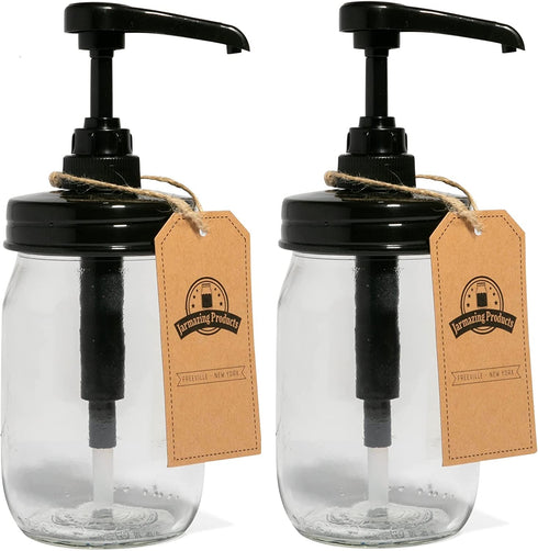Jarmazing Products Mason Jar Syrup Dispenser - Set of 2 16 oz Smooth Jars with Rust-Proof, Leak-Proof, Food Grade Pumps for Honey, Syrups, Condiments, Salad Dressings and More